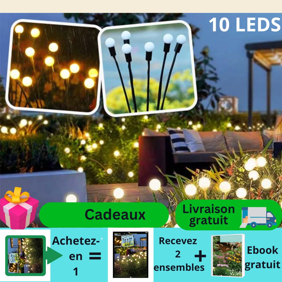 Dans une scène de jardin extérieur, les lampes à piquets LED Lucio-Light™ de lecoledeschats ressemblent à des orbes lumineuses, mettant en valeur un design moderne. Le texte français propose une livraison gratuite, un cadeau et un livre électronique. Inclut des images dun coffret cadeau et dun camion de livraison pour une installation facile avec lampe solaire pour jardin sans fil.