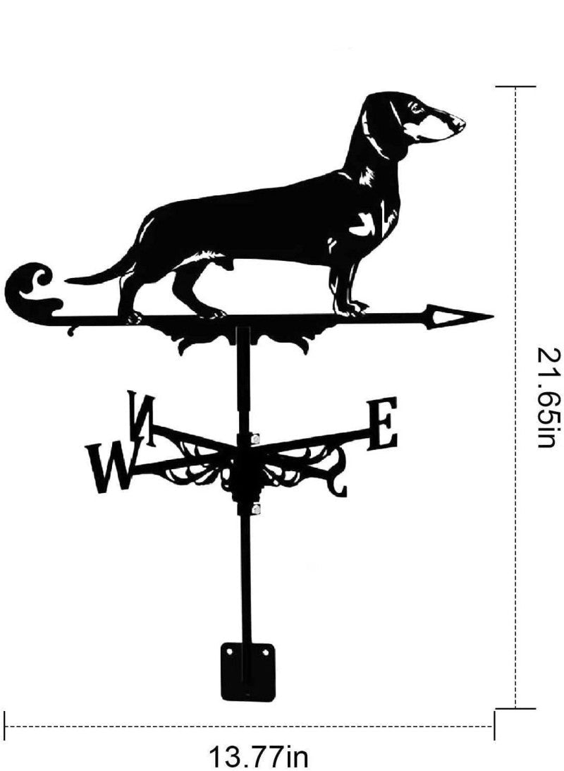 Girouette animal – Chien et chat en métal noir, idéale pour décorer votre jardin. Indique la direction du vent avec les points cardinaux (N, S, E, O). Elle mesure 55 cm de haut x 35 cm de large et se fixe sur un poteau vertical.