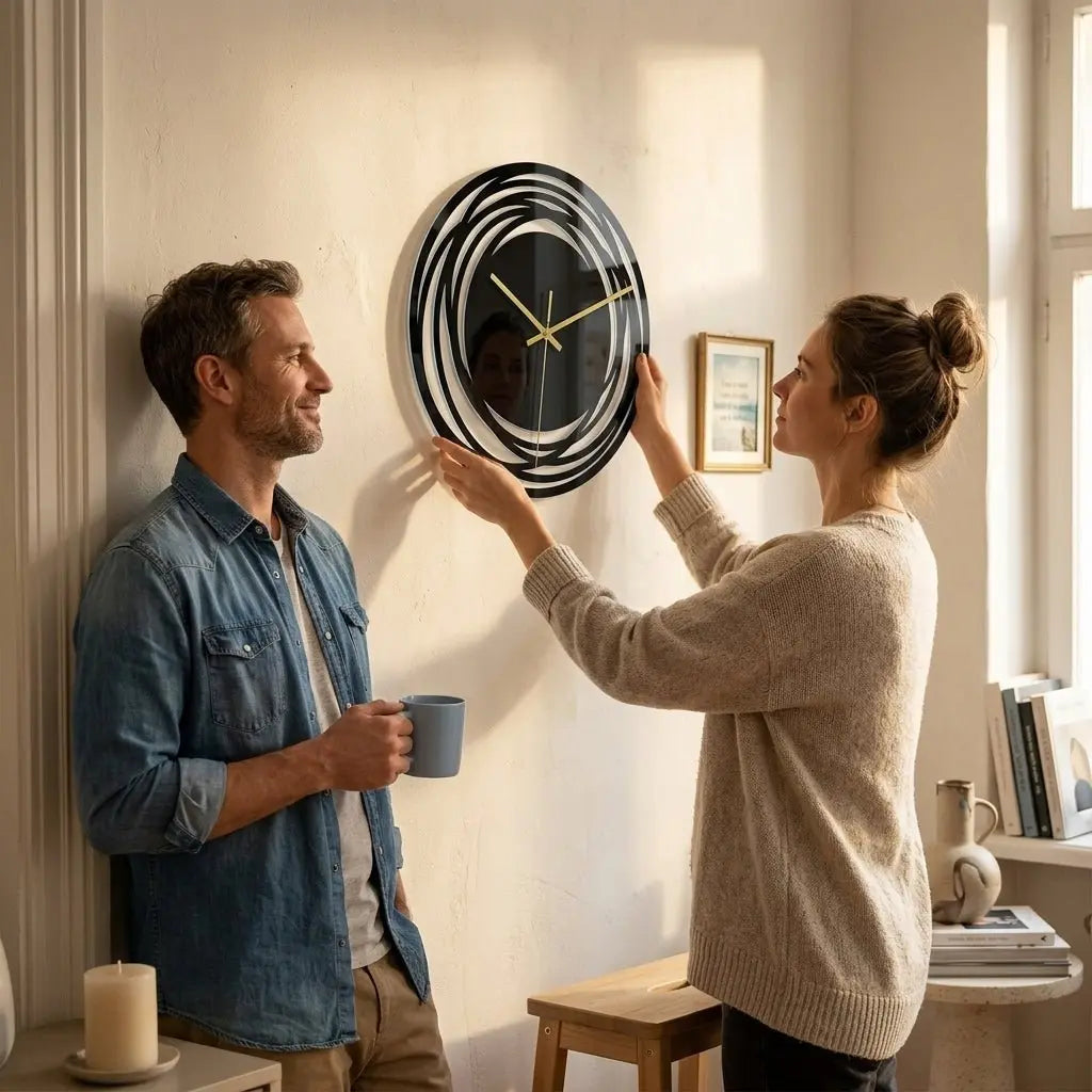 Vue latérale de l'horloge noire acrylique motif floral — épaisseur ultra-fine 9mm, quartz silencieux.