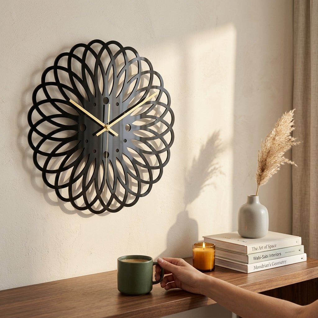 Vue latérale horloge murale noire moderne acrylique — épaisseur ultra-fine 9mm, effet flottant sur le mur.