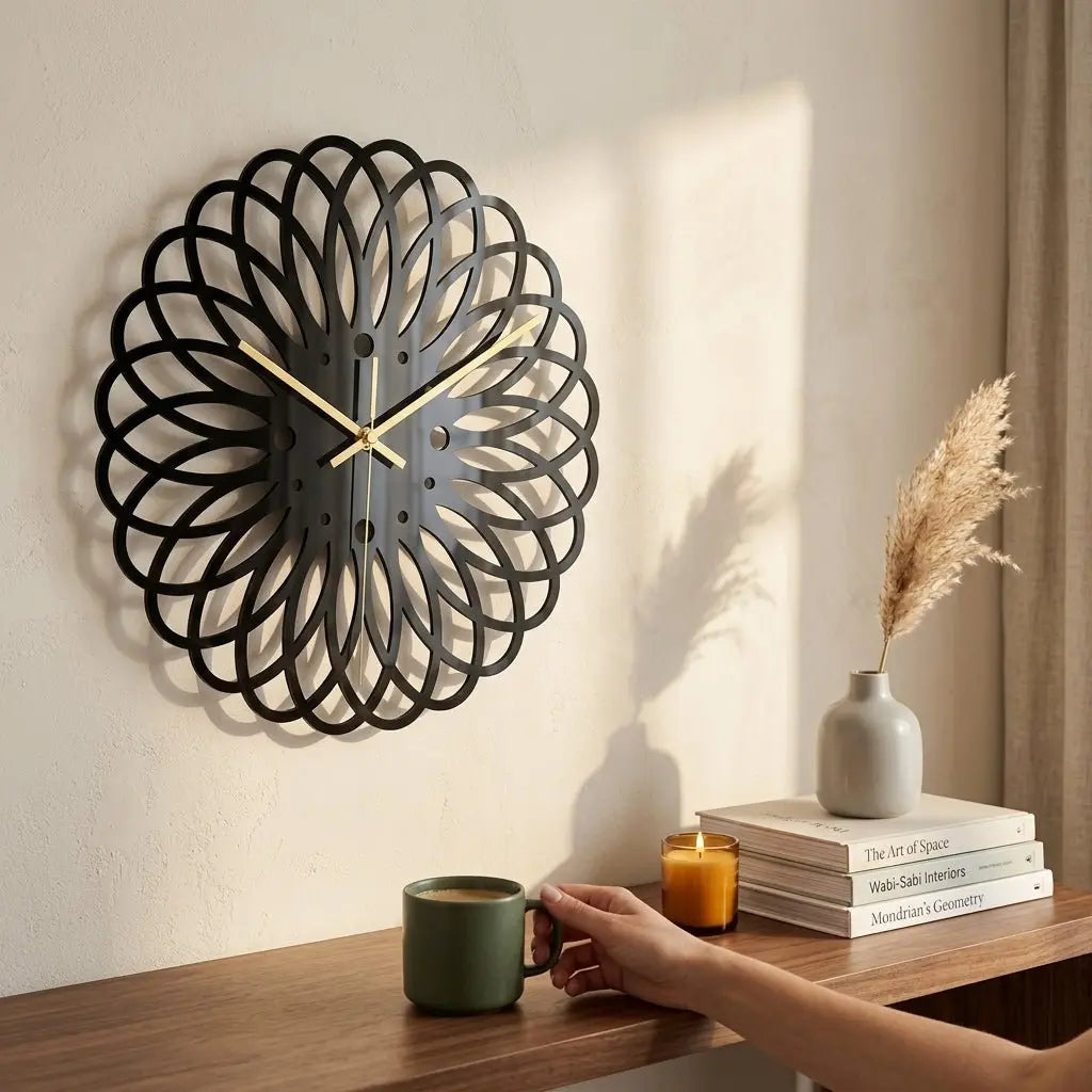 Vue latérale horloge murale noire moderne acrylique — épaisseur ultra-fine 9mm, effet flottant sur le mur.