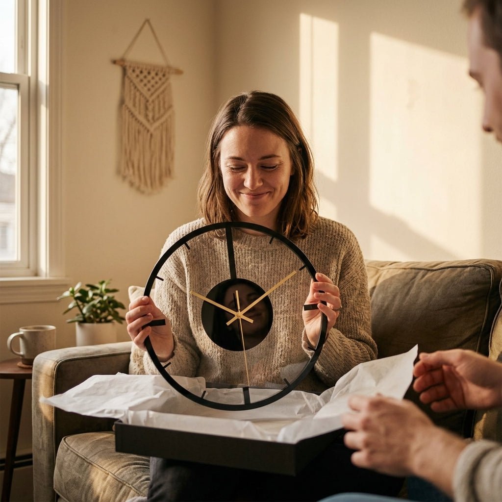 Horloge noire murale ajourée Minuit & Obsidienne — mécanisme quartz silencieux sans tic-tac idéal cadeau.