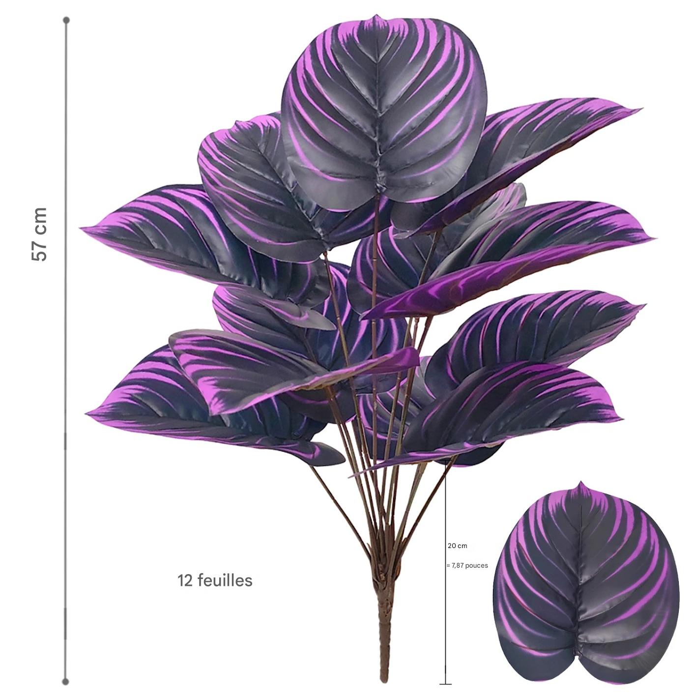 Luxueuse plante artificielles extérieur avec des feuilles noires et des rayures violettes vives, mesurant 57 cm.