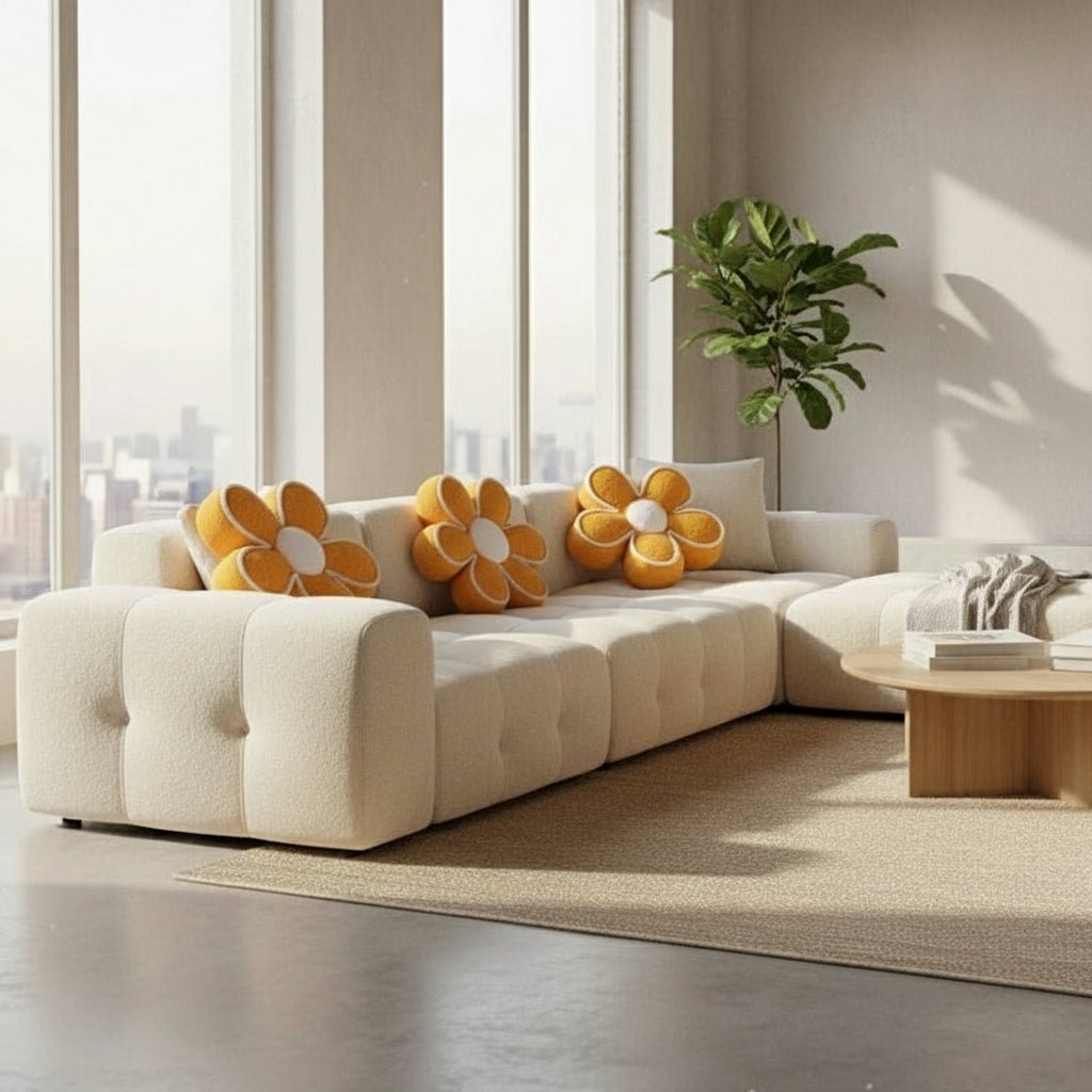 Coussin de sol décoratif fleur jaune, ambiance salon contemporain