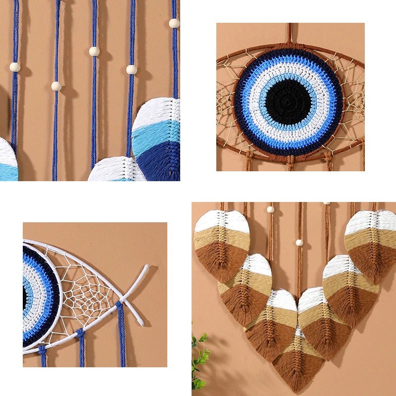Quatre images prĂ©sentent des dĂ©corations murales en macramĂ©. L'une montre des cordes bleues et des perles en bois avec des dĂ©tails en forme de feuilles bleues et blanches. Une autre affiche un Ćil protecteur bleu, blanc et noir rĂ©alisĂ© en macramĂ©. Une troisiĂšme rĂ©vĂšle un autre design d'Ćil protecteur blanc et bleu avec des Ă©lĂ©ments en cordes bleues. La derniĂšre image met en scĂšne plusieurs feuilles dĂ©coratives en macramĂ© dans des tons de blanc et de marron suspendues ensemble.