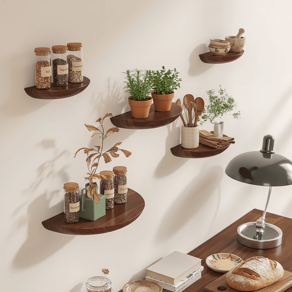 Etagere murale bois naturel semi-circulaire mise en situation, rangement mural décoratif style naturel