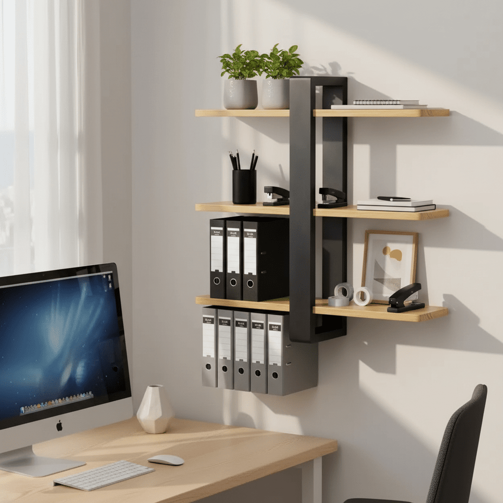 Etagere murale noire bureau en bois trois niveaux avec fournitures et plantes, rangement mural style moderne organisé