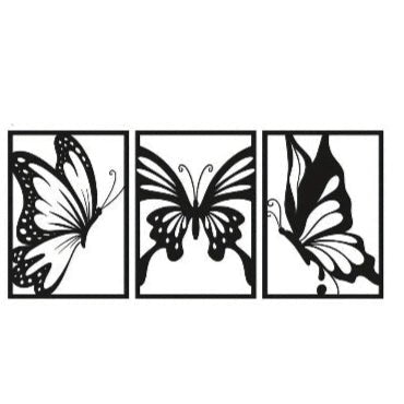 Décoration murale arbre de vie avec trois papillons stylisés et dimensions.