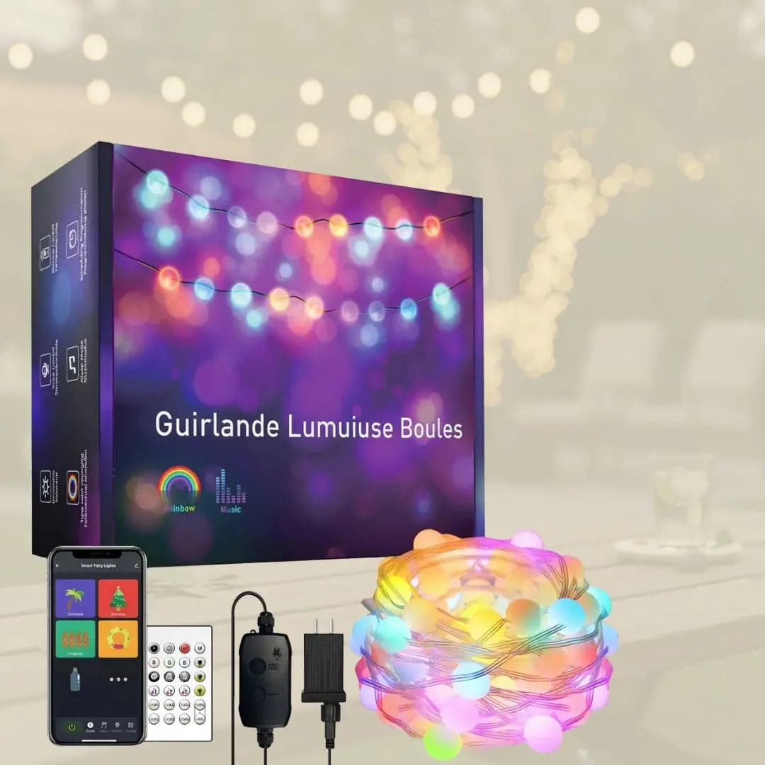 Guirlande lumineuse colorée, boîte d'emballage, télécommande, application smartphone.