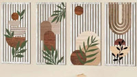Quatre decorations bois murale abstraites avec motifs géométriques et feuilles vertes.