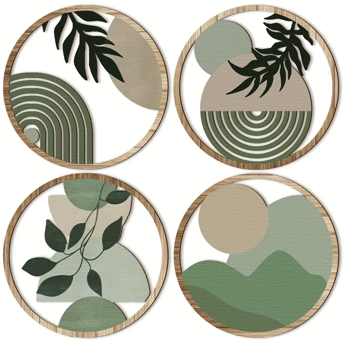 Decoration murale bois moderne, motifs géométriques et feuilles, tons verts/beige.