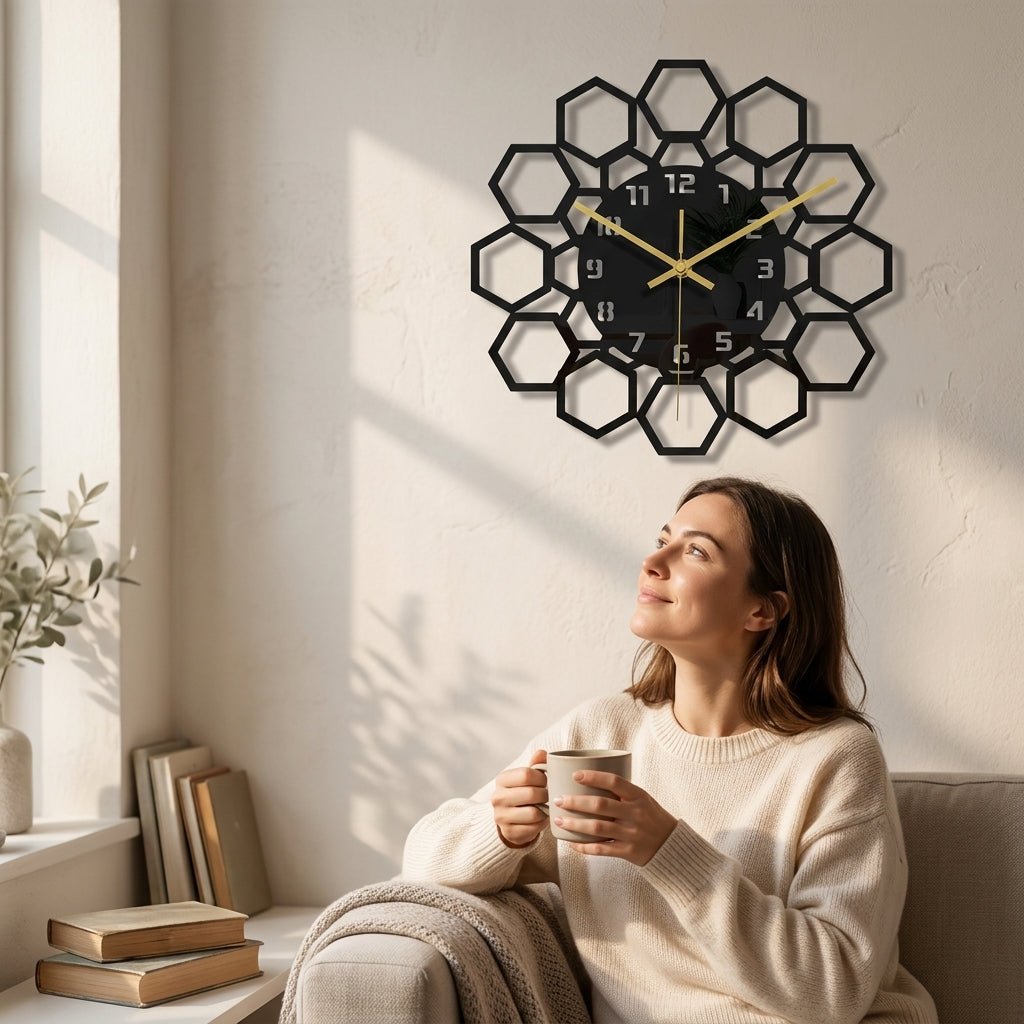 Horloge murale design noir alvéolée décorant un mur de bureau pour une ambiance chic