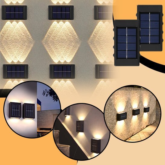 La Lampe solaire jardin haut de gamme /Del-Sol™ crée d'élégants motifs géométriques à l'extérieur la nuit, avec des vues rapprochées et extérieures mettant en valeur son éclairage solaire extérieur et ses inserts circulaires mettant en valeur les options d'installation polyvalentes.