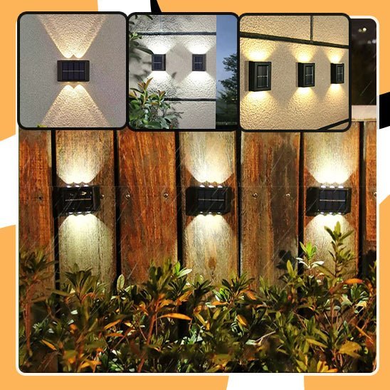 La Lampe solaire jardin haut de gamme /Del-Sol™ offre un éclairage solaire extérieur, projetant une lumière blanche chaude de haut en bas des murs ou des clôtures la nuit avec des motifs décoratifs, mettant magnifiquement en valeur les plantes du jardin au premier plan.