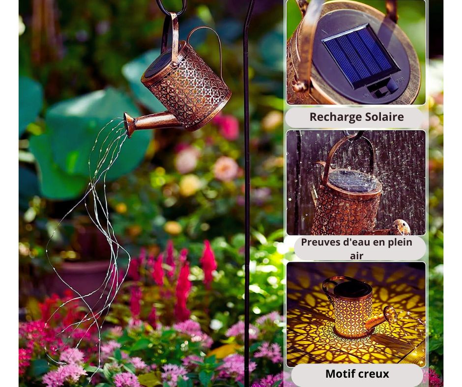 La Lampe solaire pour le jardin-Arrosoir éclaire vos extérieurs avec ses motifs découpés et guirlandes féériques. Rechargeable au soleil, elle résiste à l'eau et apporte une touche magique à votre décoration de jardin.