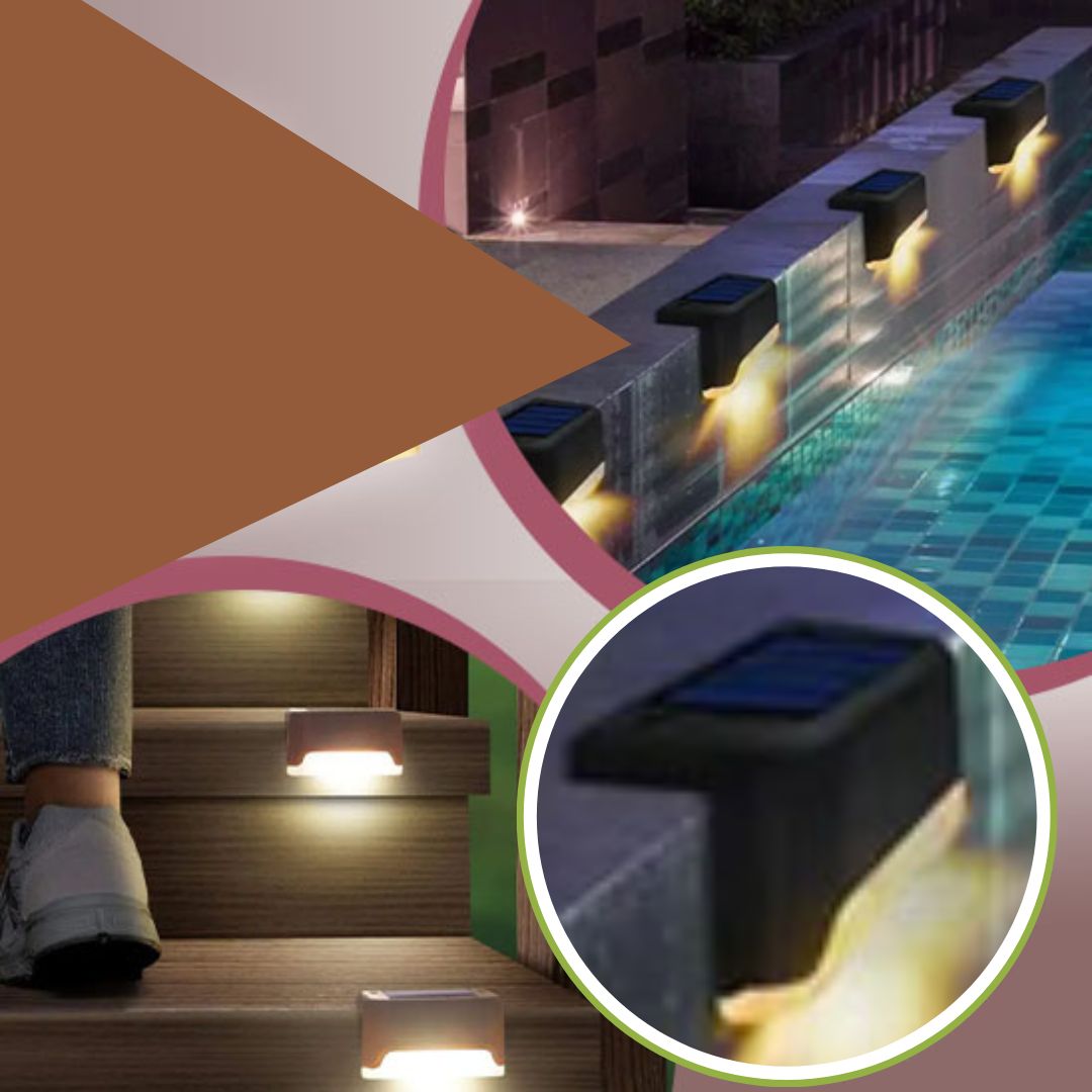 La Lampe solaire pour le jardin - MagicSolar™ offre un éclairage élégant pour l'extérieur, illuminant les marches du jardin et le mur de la piscine. Un gros plan montre sa base lumineuse noire sous le pas d’une personne près des marches douces.