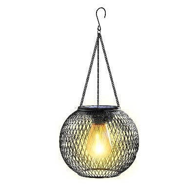Lampe solaire jardin haut de gamme : sphère grillagée noire, lumière chaude