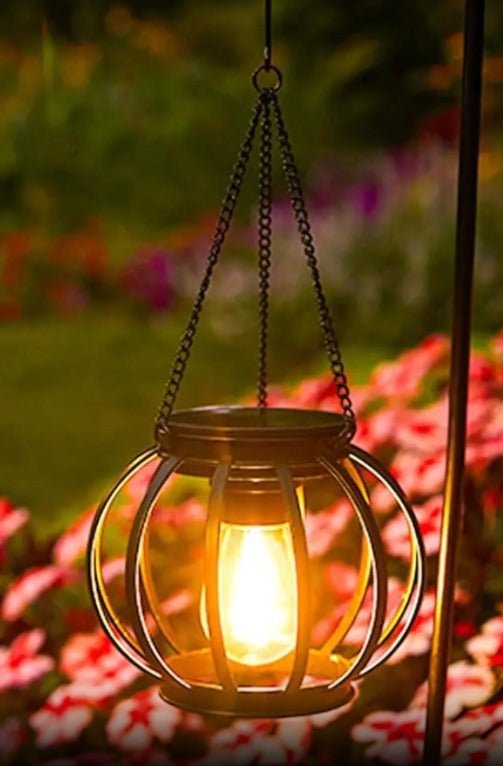 Lampe solaire jardin haut de gamme suspendue, lumière douce, fleurs rouges.