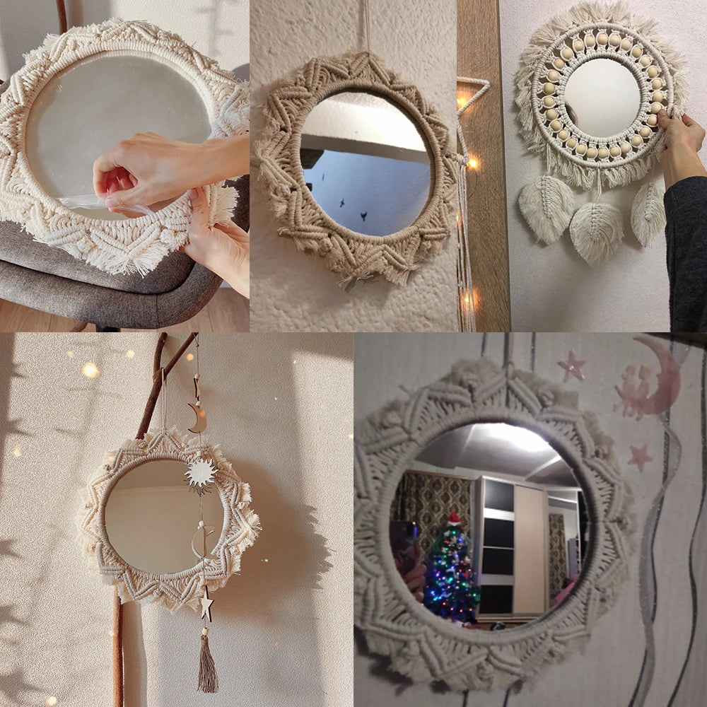 Miroir mural Bob Miroir – décoration bohème avec cadre macramé tissé main