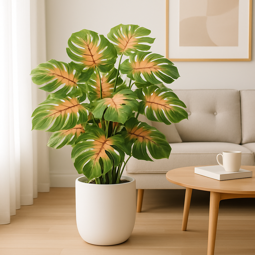 Grande plante artificielle tropicale en pot blanc dans salon moderne.