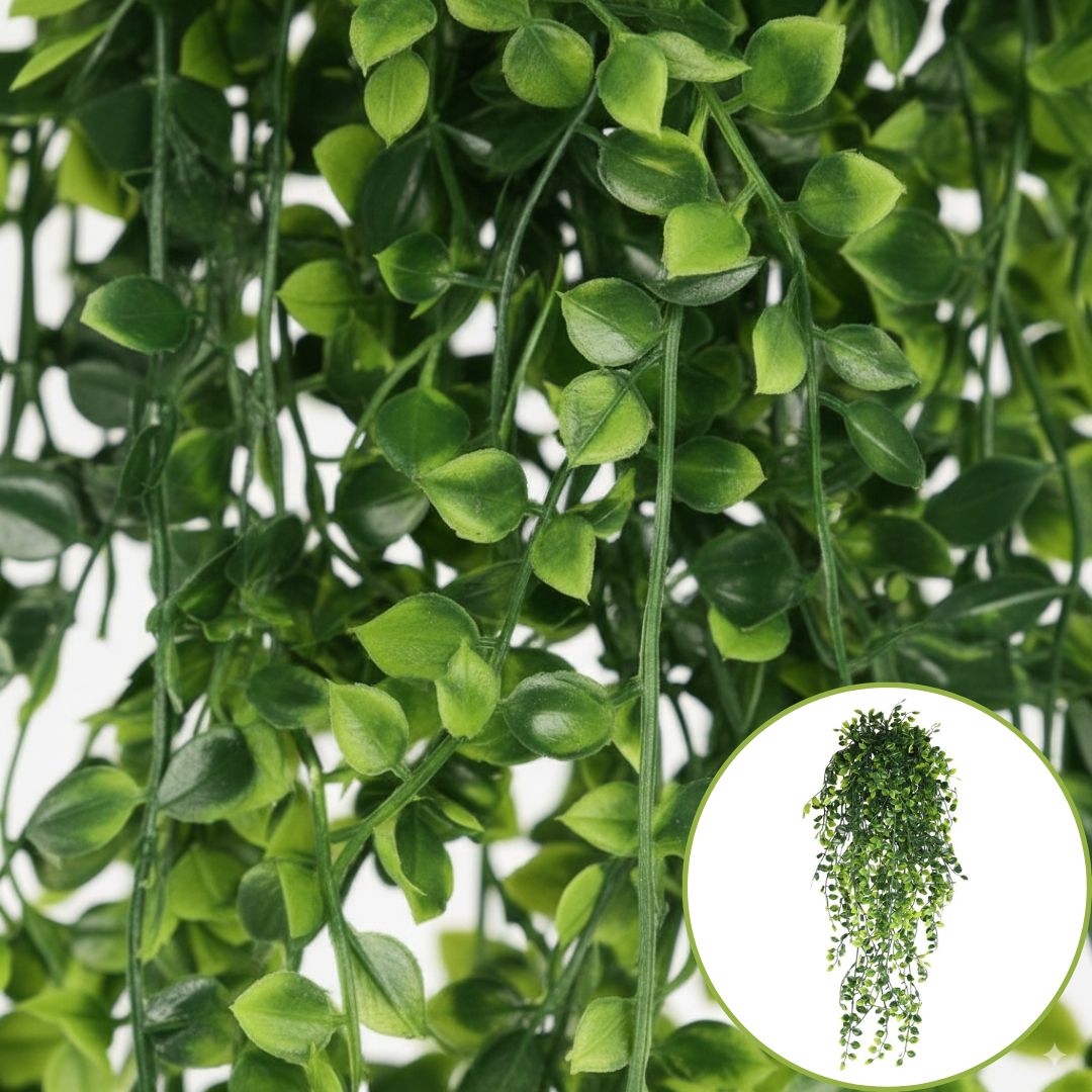 Plantes artificielles retombantes vertes luxuriantes, détail de feuilles et aperçu complet.