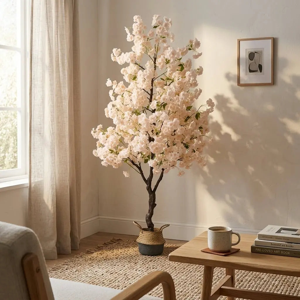 Plante Artificielle Intérieur Haut de Gamme Branches flexibles et denses du cerisier artificiel — Haute densité florale (45 fleurs par branche) pour un effet visuel volumineux.