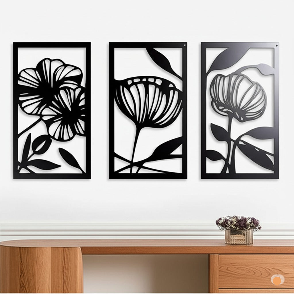 Quatre panneaux noirs floraux, détails découpés au laser, élégance naturelle, décoration murale arbre de vie.
