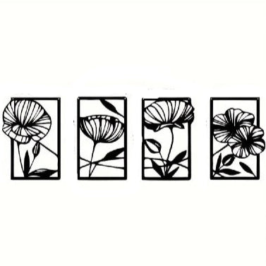 Quatre panneaux noirs floraux, détails découpés au laser, élégance naturelle, décoration murale arbre de vie.