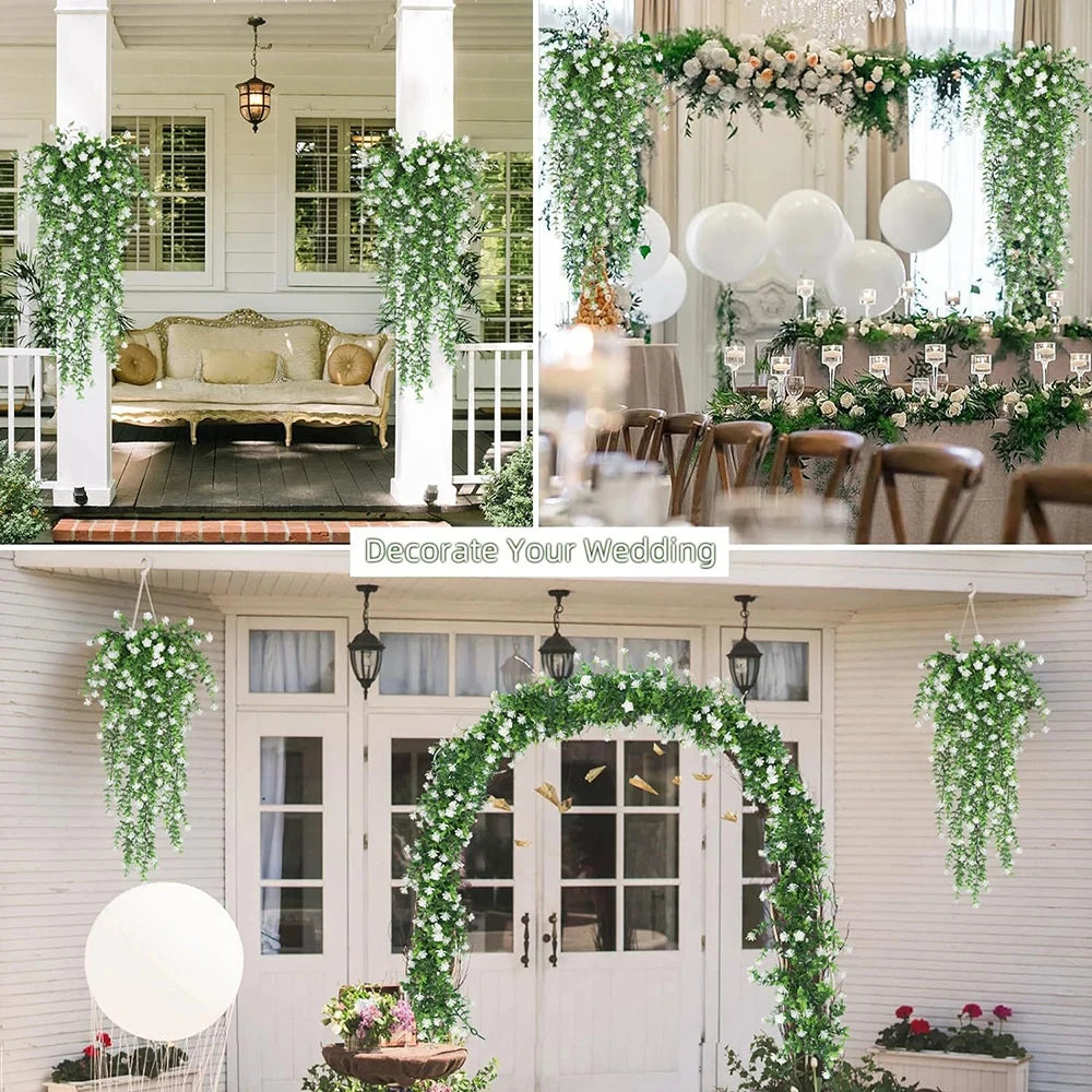 Trois scènes de mariage avec des fleurs blanches et vertes : une balançoire de porche, une table de banquet avec des ballons et une porte arquée, le tout décoré de plantes artificielles tombantes Cascade Bohème pour un décor luxuriant et vibrant.