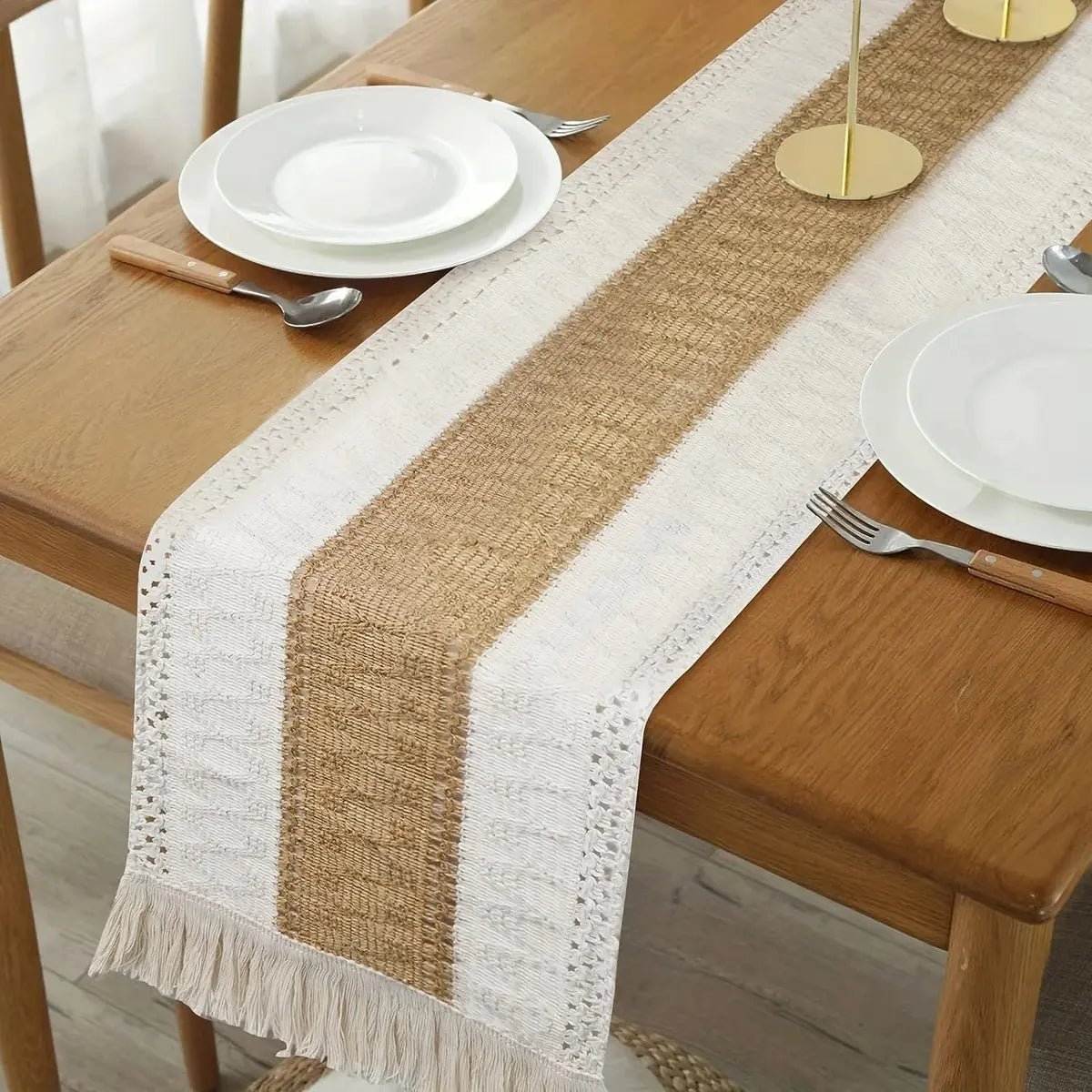 Chemin de table jute patchwork avec franges style champêtre mariage