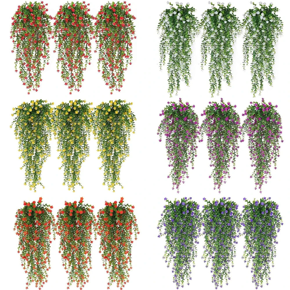 Seize Plantes artificielles tombante-Cascade Bohème en quatre rangées, avec fleurs colorées et feuillage luxuriant, offrent un décor végétal apaisant sur fond blanc.