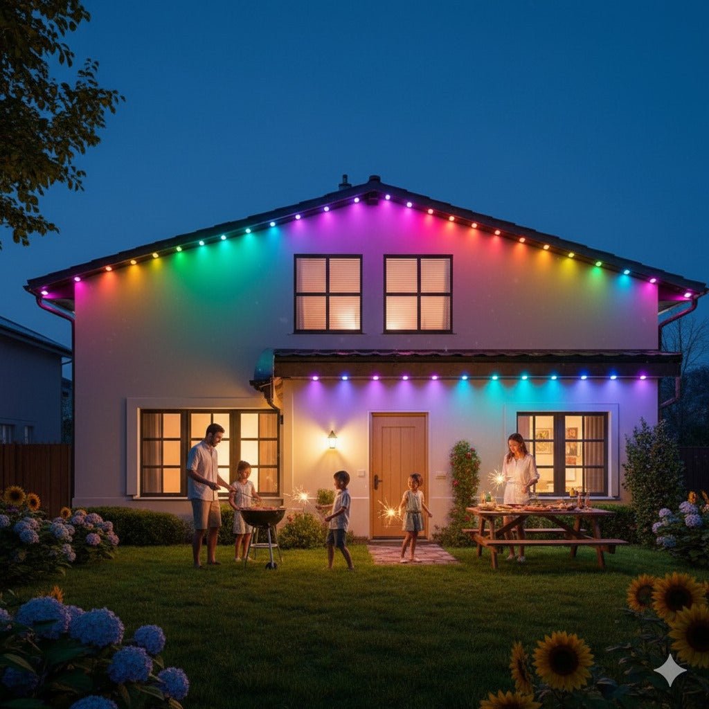 Famille joyeuse profitant d'une soirée barbecue sous la lumière de guirlande lumineuse extérieur multicolores.