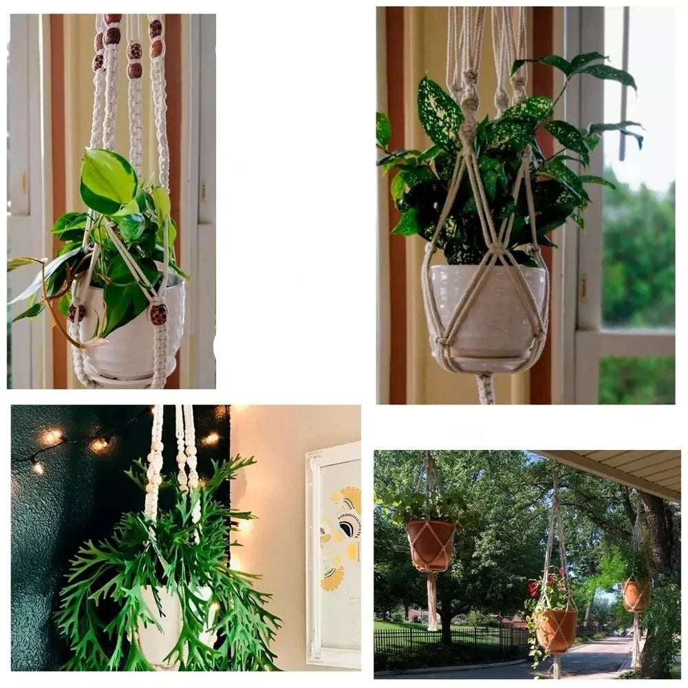 Quatre clichés présentent des suspensions de plantes réalisées en macramé, mettant en valeur différentes ambiances et types de verdure.
Deux scĂšnes d'intĂ©rieur montrent des supports dĂ©licats en corde claire, accueillant des plantes aux feuillages variĂ©s et suspendus prĂšs de fenĂȘtres lumineuses.
Une image en intérieur, avec un éclairage doux de guirlandes lumineuses, révÚle une suspension en macramé blanc ornée d'une plante luxuriante aux feuilles découpées.
Enfin, un espace extérieur dévoile plusieurs pots