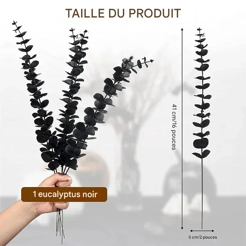 Une main tient trois Plantes artificielles comme des vraies-Feuilles D'eucalyptus Doré, idéales pour la décoration d'intérieur. A côté d'eux, une seule tige (41x5 cm) est représentée avec « TAILLE DU PRODUIT » et « 1 eucalyptus noir » sur l'image.