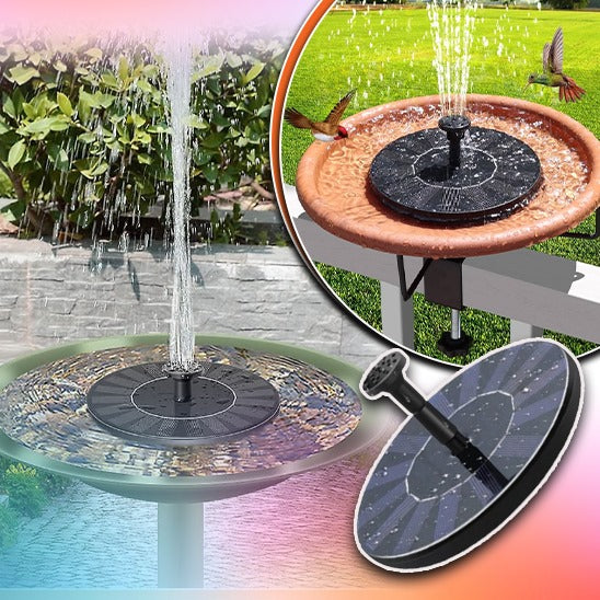 Le Sun-Founᵀᴹ de Mafrenesiedecoration orne le bain doiseaux, pulvérisant délicatement de leau vers le haut à lapproche dun colibri curieux. Lencart montre un gros plan du panneau solaire et de la buse. Le décor pittoresque du jardin avec sa végétation luxuriante est rehaussé par une superposition de couleurs dégradées.