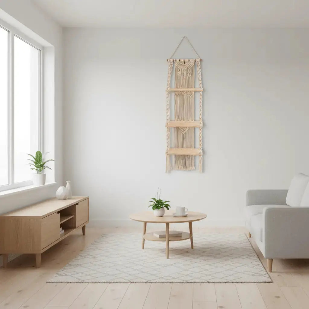Déco murale macramé artisanal dans salon minimaliste nordique avec étagères en bois
