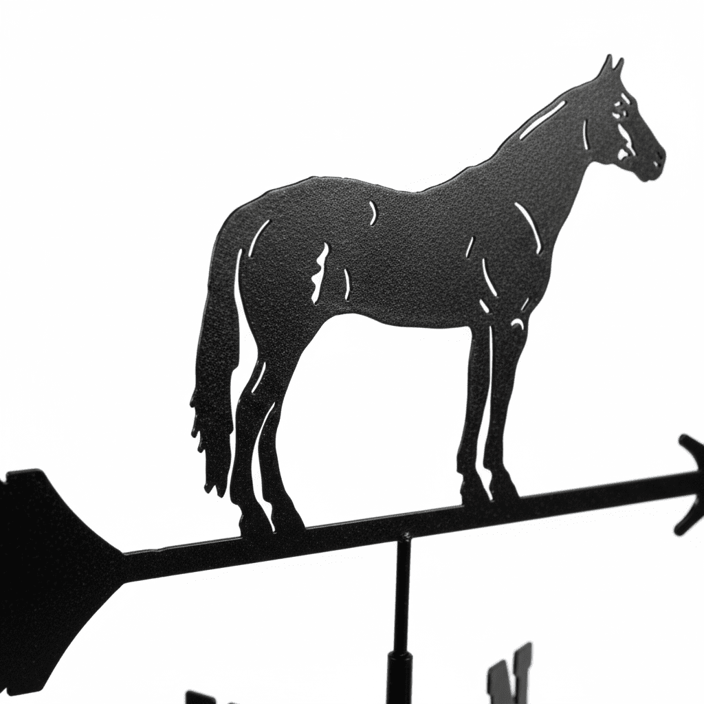 Détail girouette cheval acier noir silhouette métallique avec système rotation