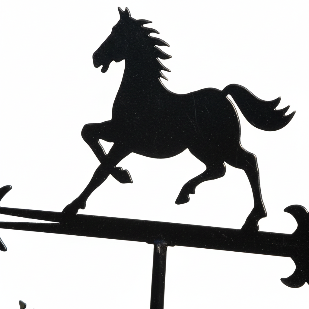 Détail girouette cheval noir métal silhouette sombre dramatique avec système rotation
