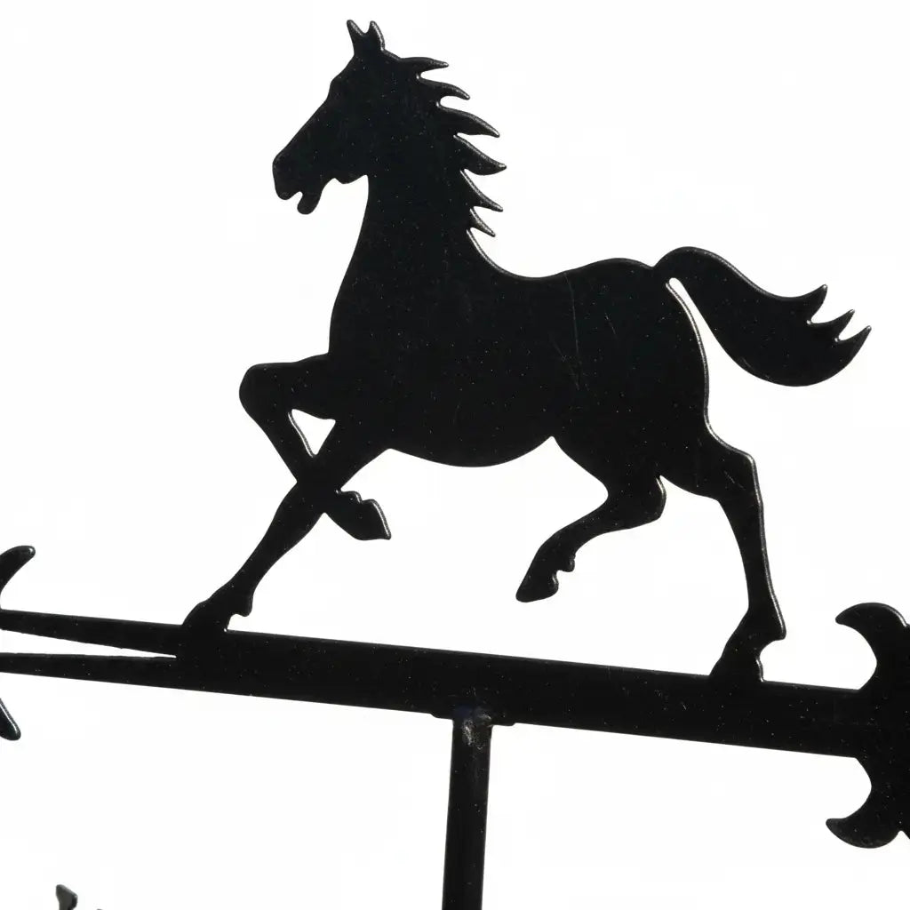 Détail girouette cheval noir métal silhouette sombre dramatique avec système rotation