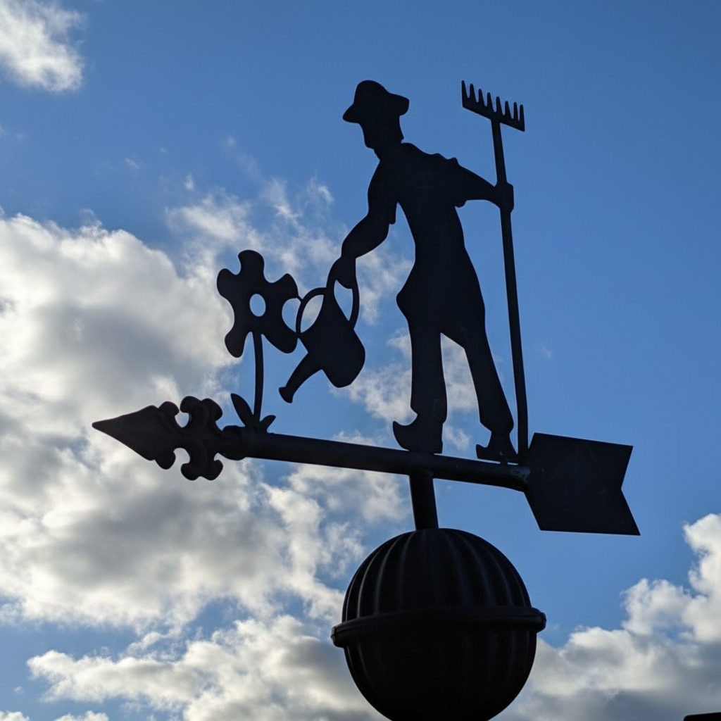 Détail girouette de jardin originale agriculteurs scène agricole patrimoniale avec système rotation