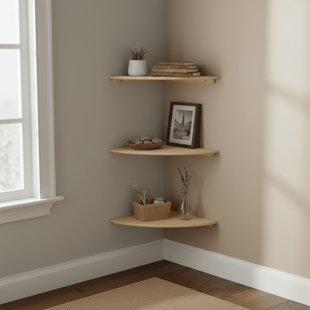 Etagere angle murale 3 pièces pin beige composition verticale coin optimisé