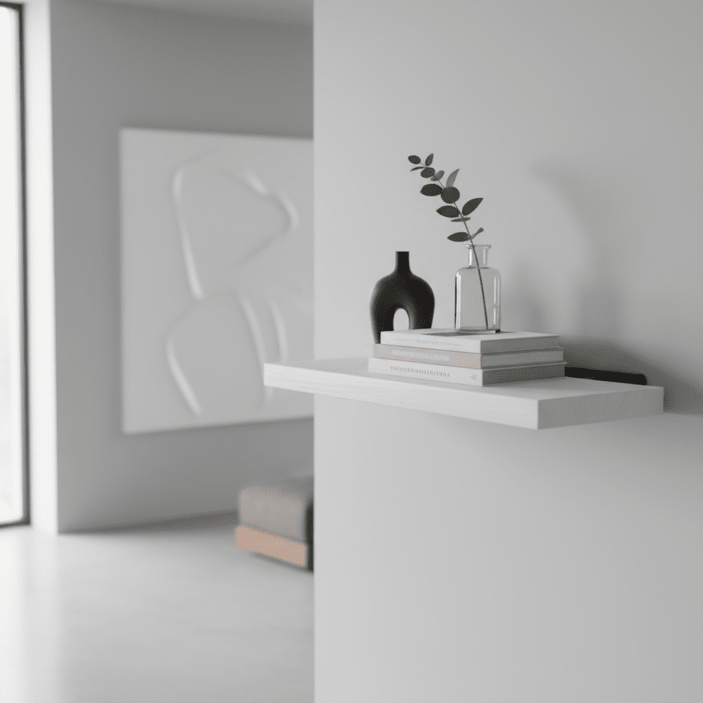 Etagere bois blanc photoréaliste design minimaliste objets décoratifs lumière jour
