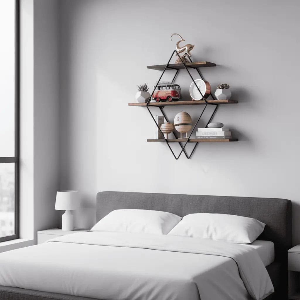 Etagere murale bois naturel pin géométrique diamant 3 niveaux 50cm chambre plantes livres design unique