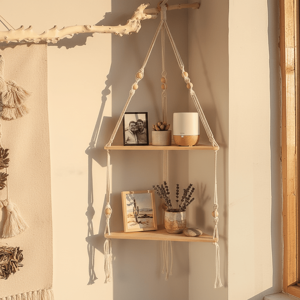 Etagere murale bois naturel triangulaire exposition trésors photos plantes diffuseur objets artisanaux bohème