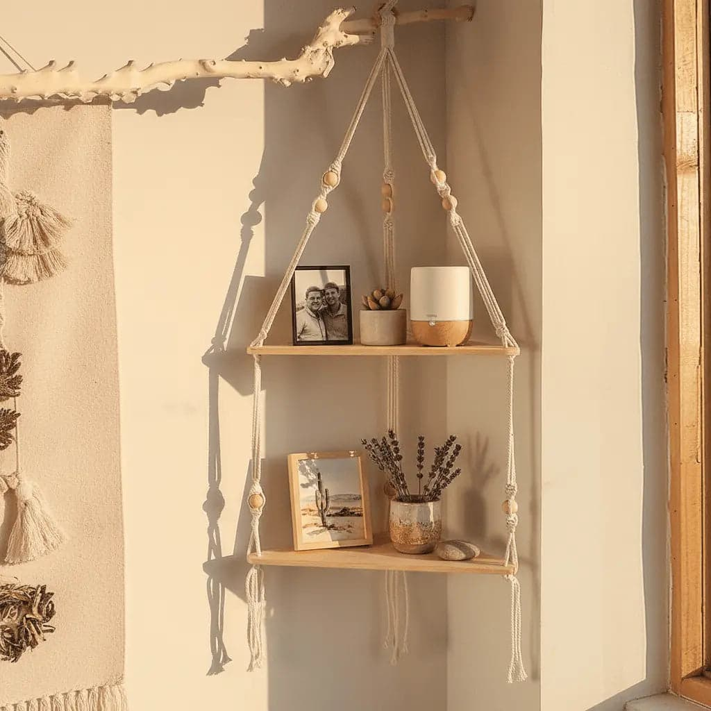 Etagere murale bois naturel triangulaire exposition trésors photos plantes diffuseur objets artisanaux bohème