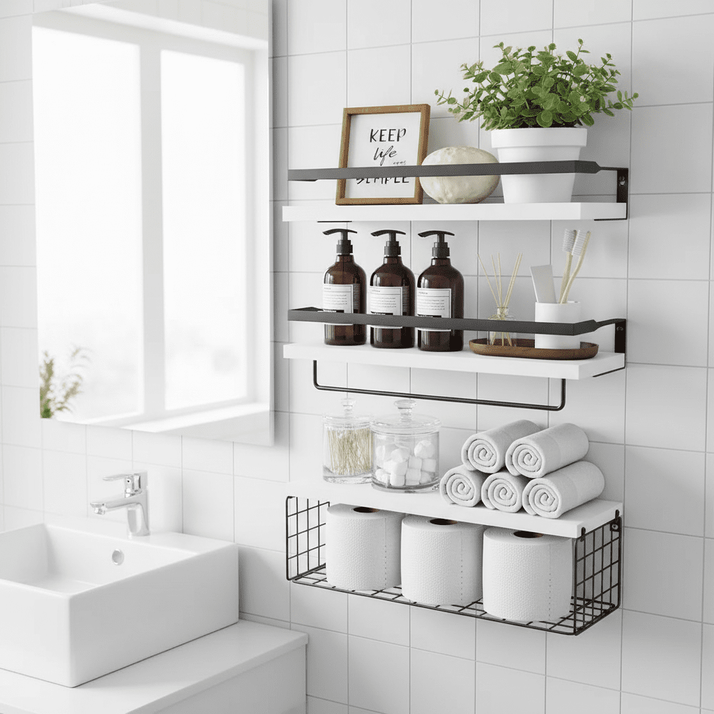 Etagere murale en bois paulownia blanc flottante lot 3 panier fil salle bain moderne