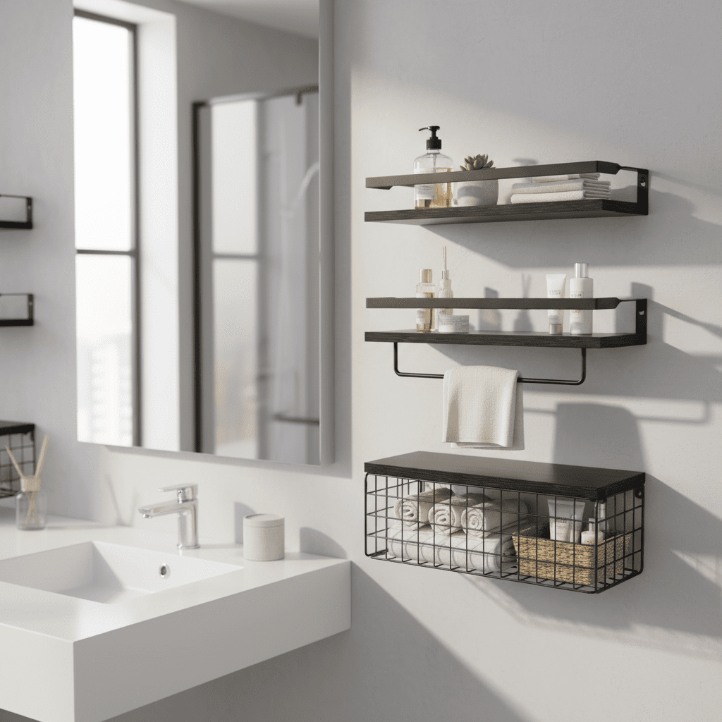 Etagere murale en bois paulownia lot 3 panier photoréaliste salle bain accessoires serviettes