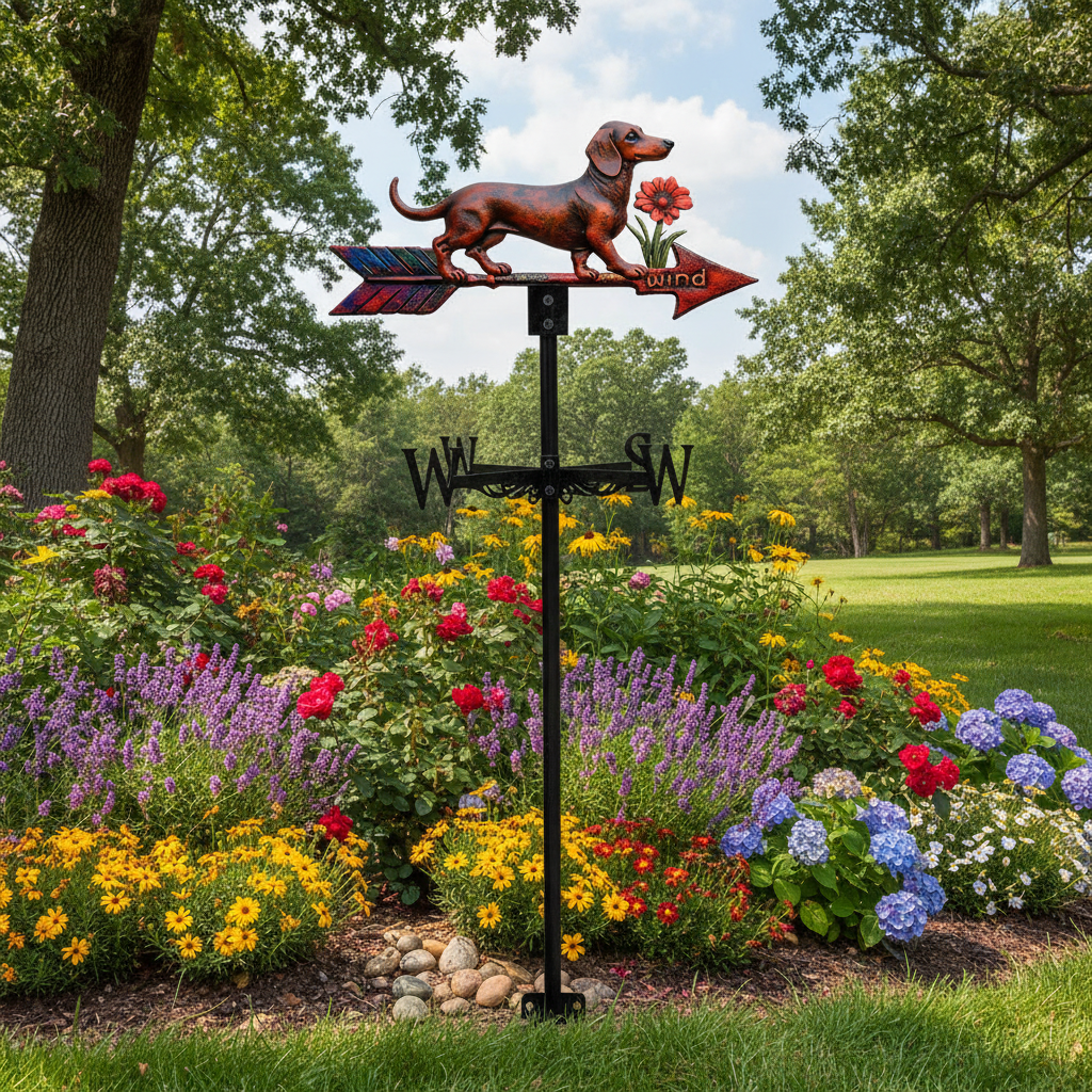 Girouette animal teckel métal 45cm montée jardin avec finition noire