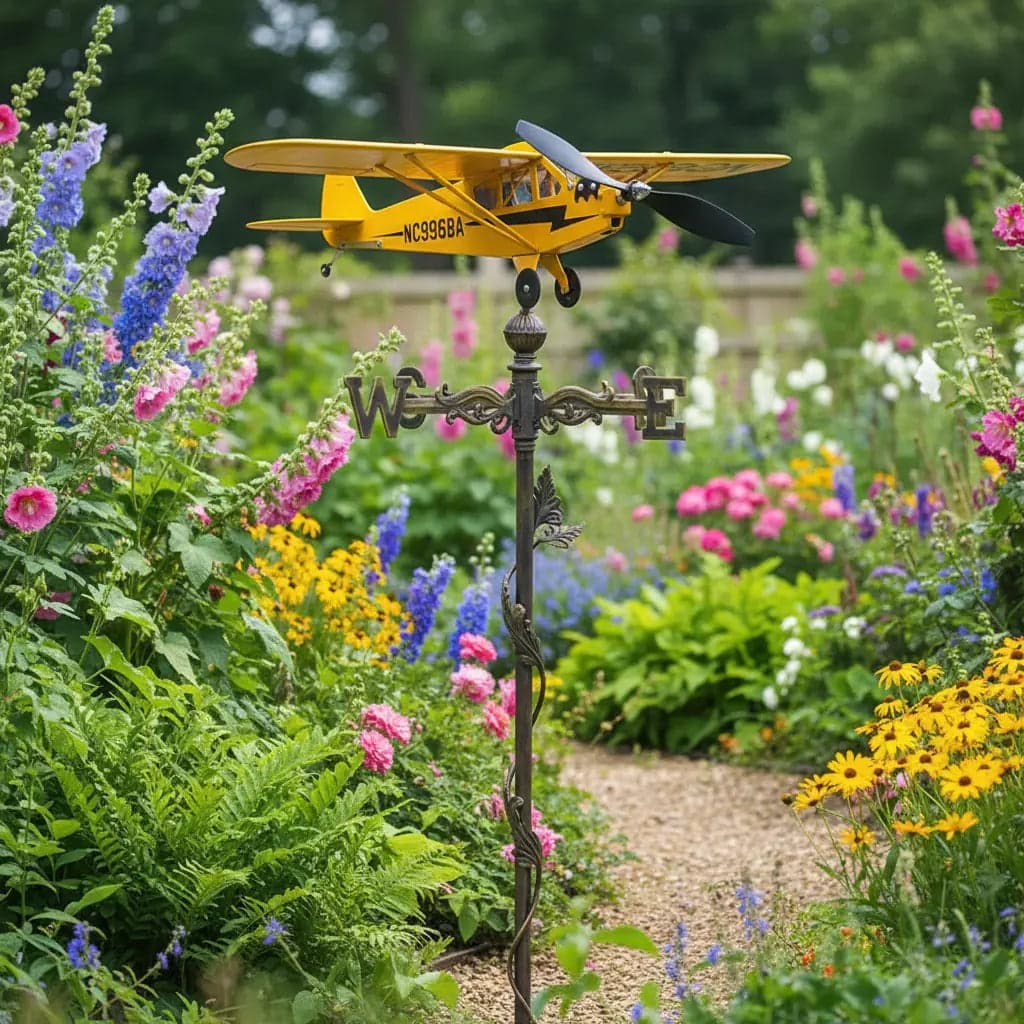 Girouette de jardin décorative avec avion jaune montée sur poteau dans jardin verdoyant