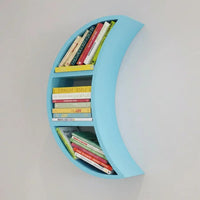 grandes étagères murales decorative lune bois bleu ciel finition naturelle détail fabrication artisanale qualité durable